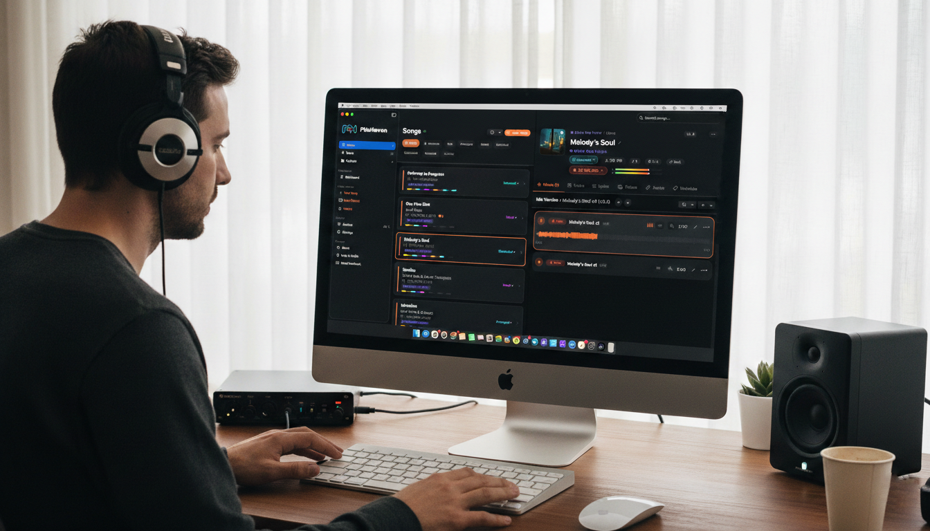 MixHaven audio playback interface showing mix version comparison and pre-listen capabilities