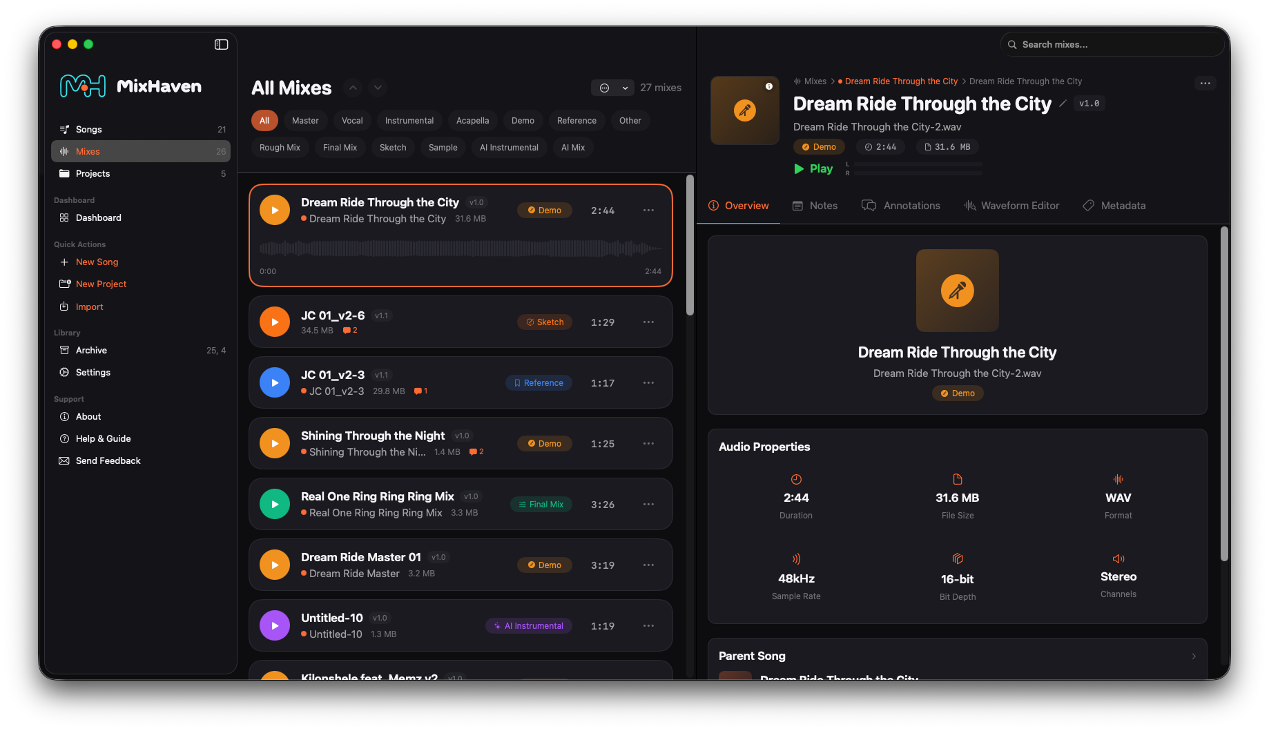 MixHaven song library with smart filtering, custom tags, and status-based sorting for music producers