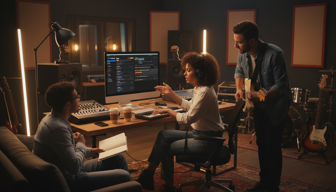 Music production team collaborating in a studio using MixHaven to manage sessions